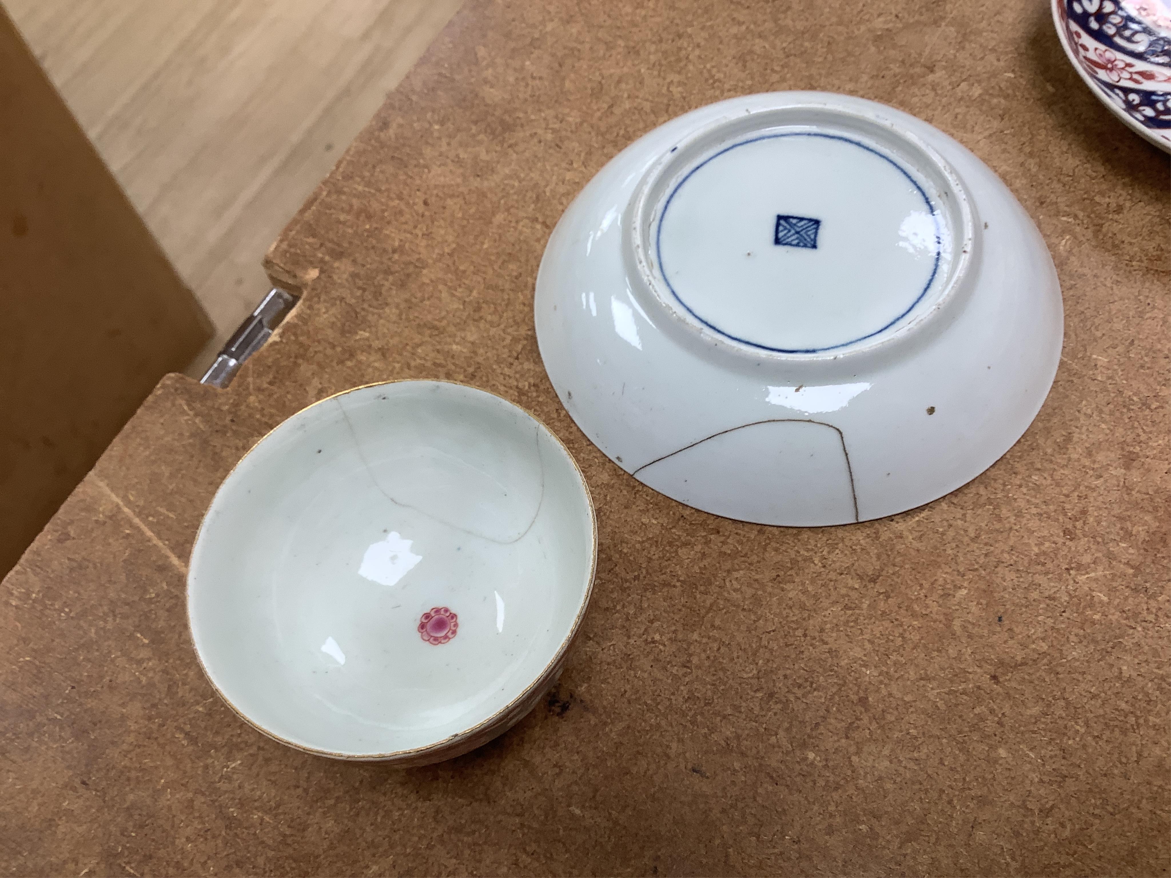 A Worcester Lord Henry Thynne type fluted tea bowl and saucer, c.1780, a group of Worcester Queen Charlotte pattern tea and coffee wares, c.1790-1810, two Worcester Kakiemon style dishes, largest 21cm in diameter